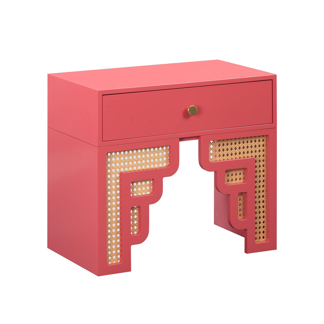 Suzie Coral Pink & Rattan Nightstand