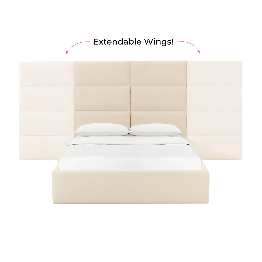 Eliana Cream Velvet Queen Bed with Wings