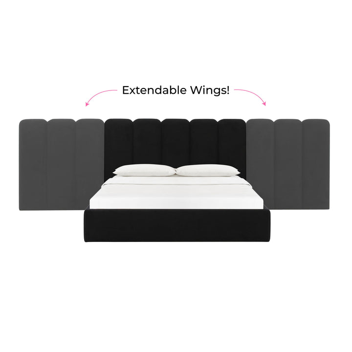 Palani Black Velvet King Bed with Wings