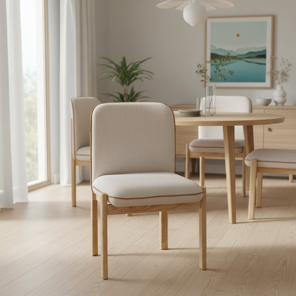 Travoli Side chair Solid American Ash. texstyle dine 002 cream fabric seat & Pipping