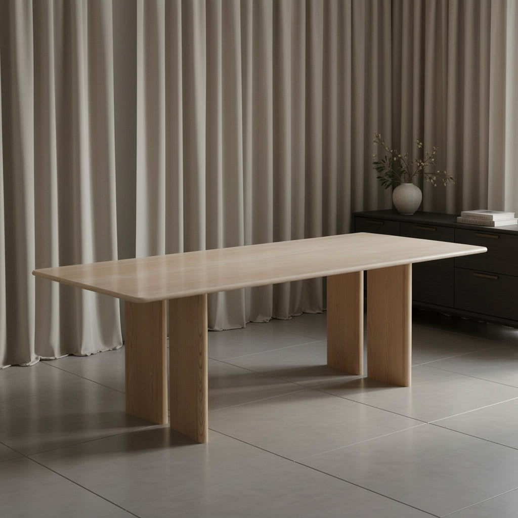 Travoli Dininng Table Travertine top, Plywood, Solid American Ash. American Ash Veneer