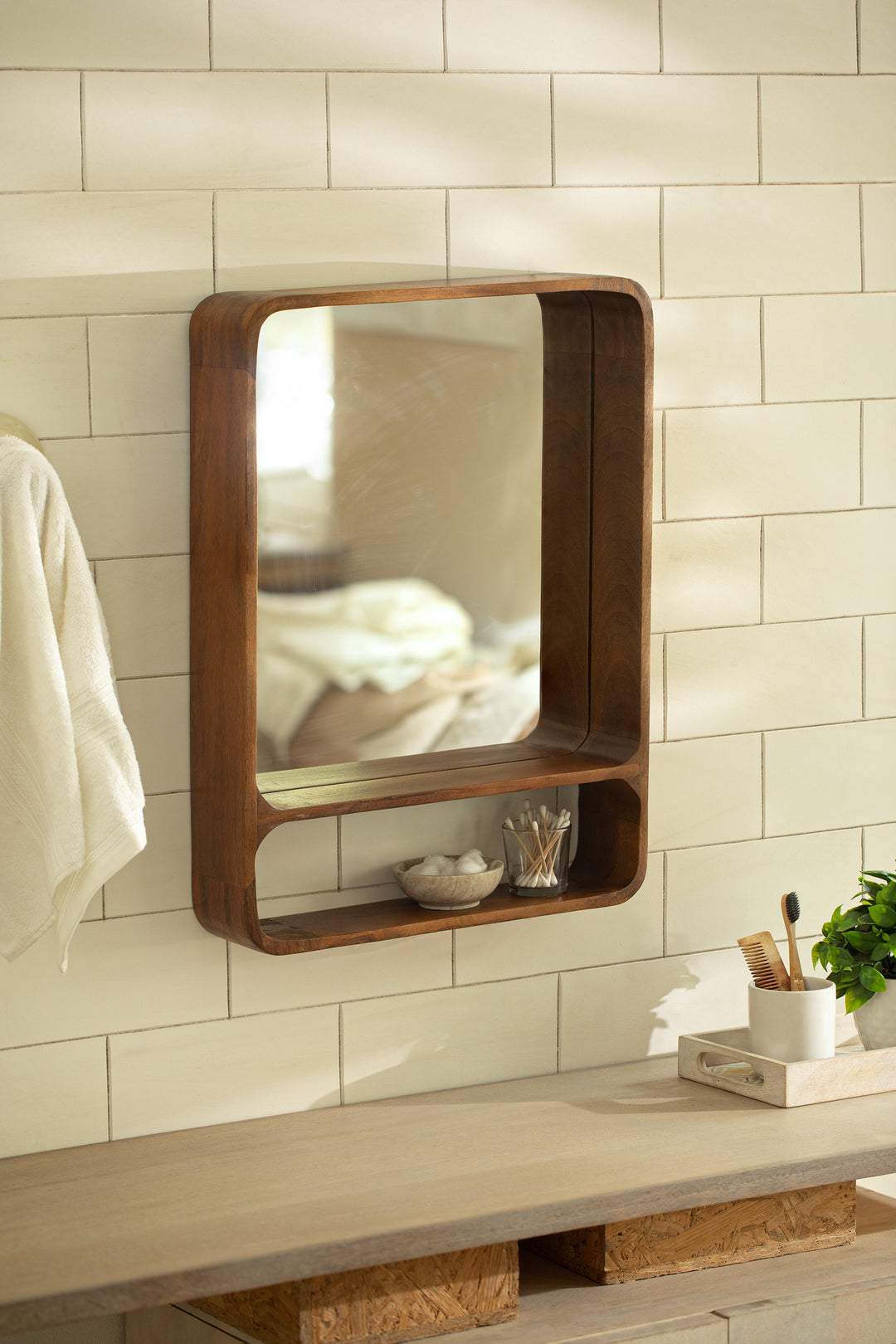 Wooden Wall Shelf With Mirror