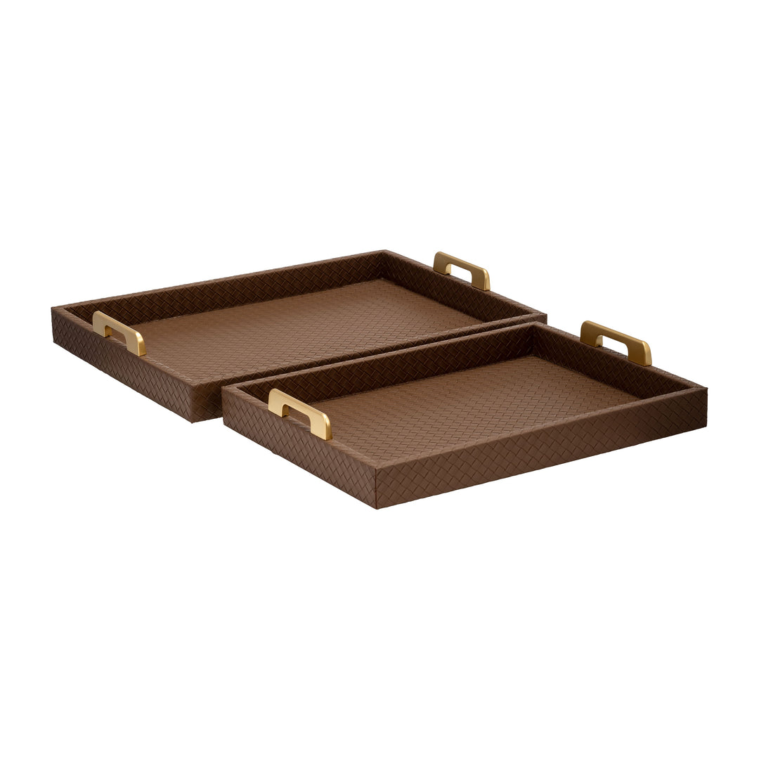 S/2 16/18"L FAUX LEATHER WEAVE TRAYS, COGNAC
