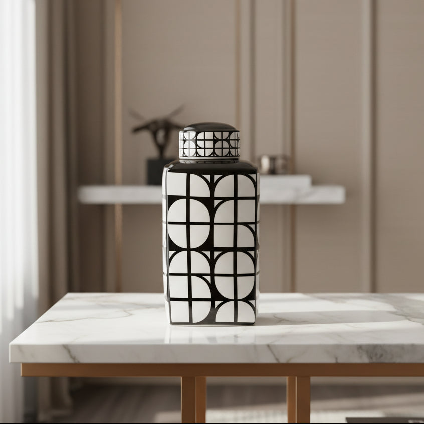 CER, 18"H SQUARE JAR W/ LID, BLACK/WHITE