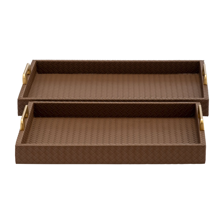 S/2 16/18"L FAUX LEATHER WEAVE TRAYS, COGNAC