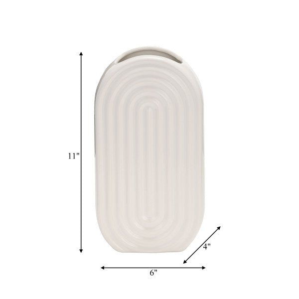 CER, 11" OVAL RIDGED VASE, WHITE