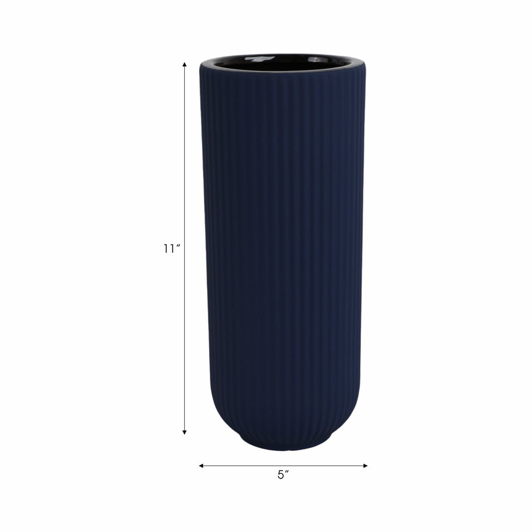 CER, 11"H RIDGED VASE, NAVY