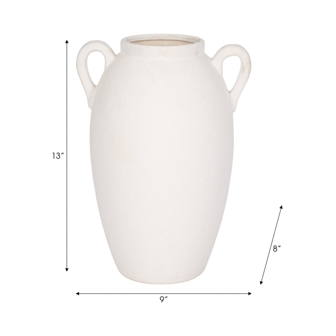 CER, 13" TEXTURED JUG W/ HANDLES, WHITE