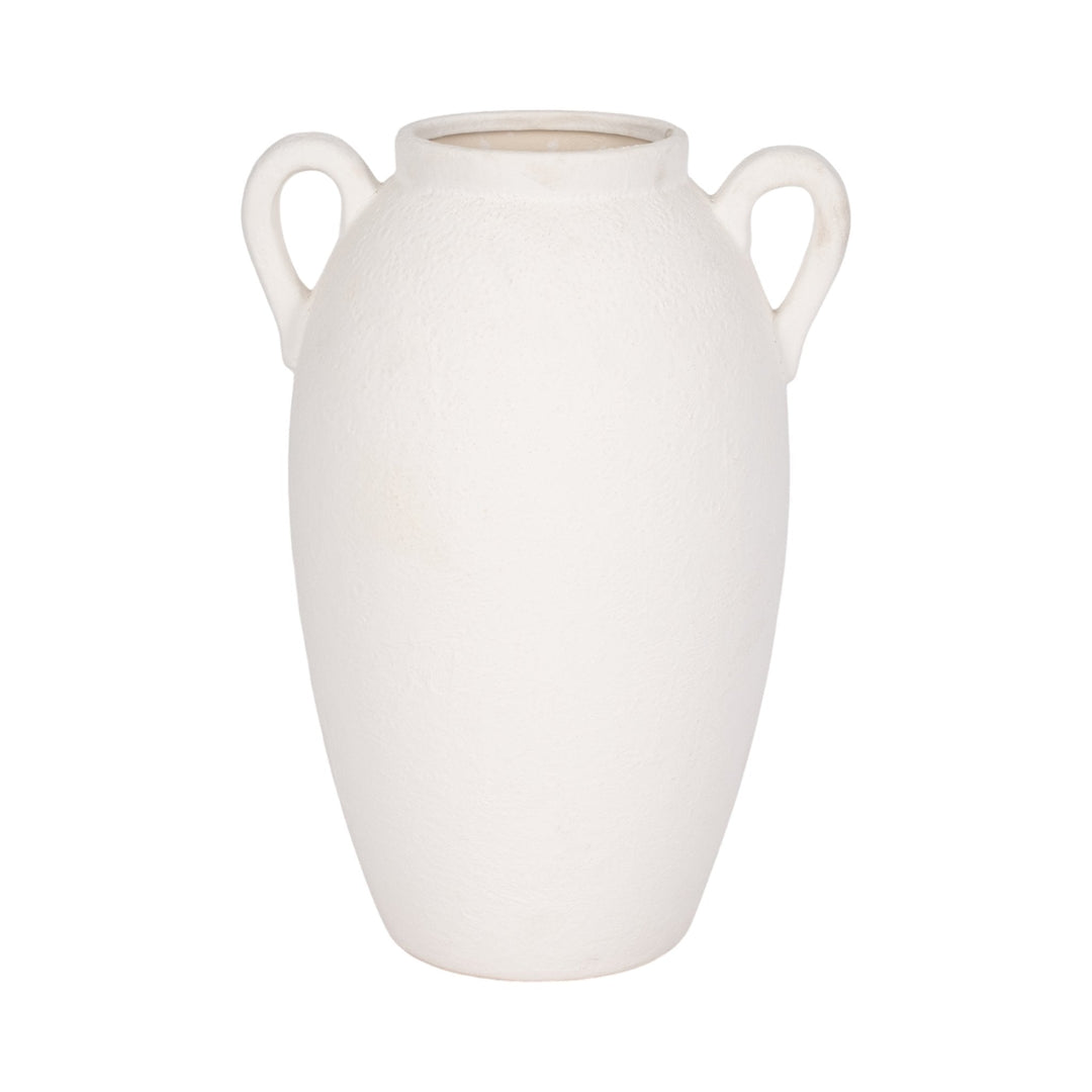 CER, 13" TEXTURED JUG W/ HANDLES, WHITE