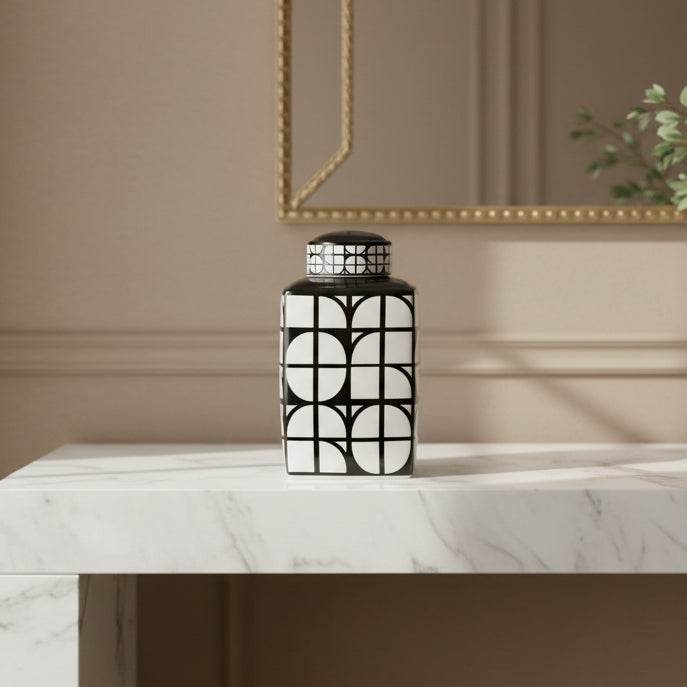 CER, 16"H SQUARE JAR W/ LID, BLACK/WHITE