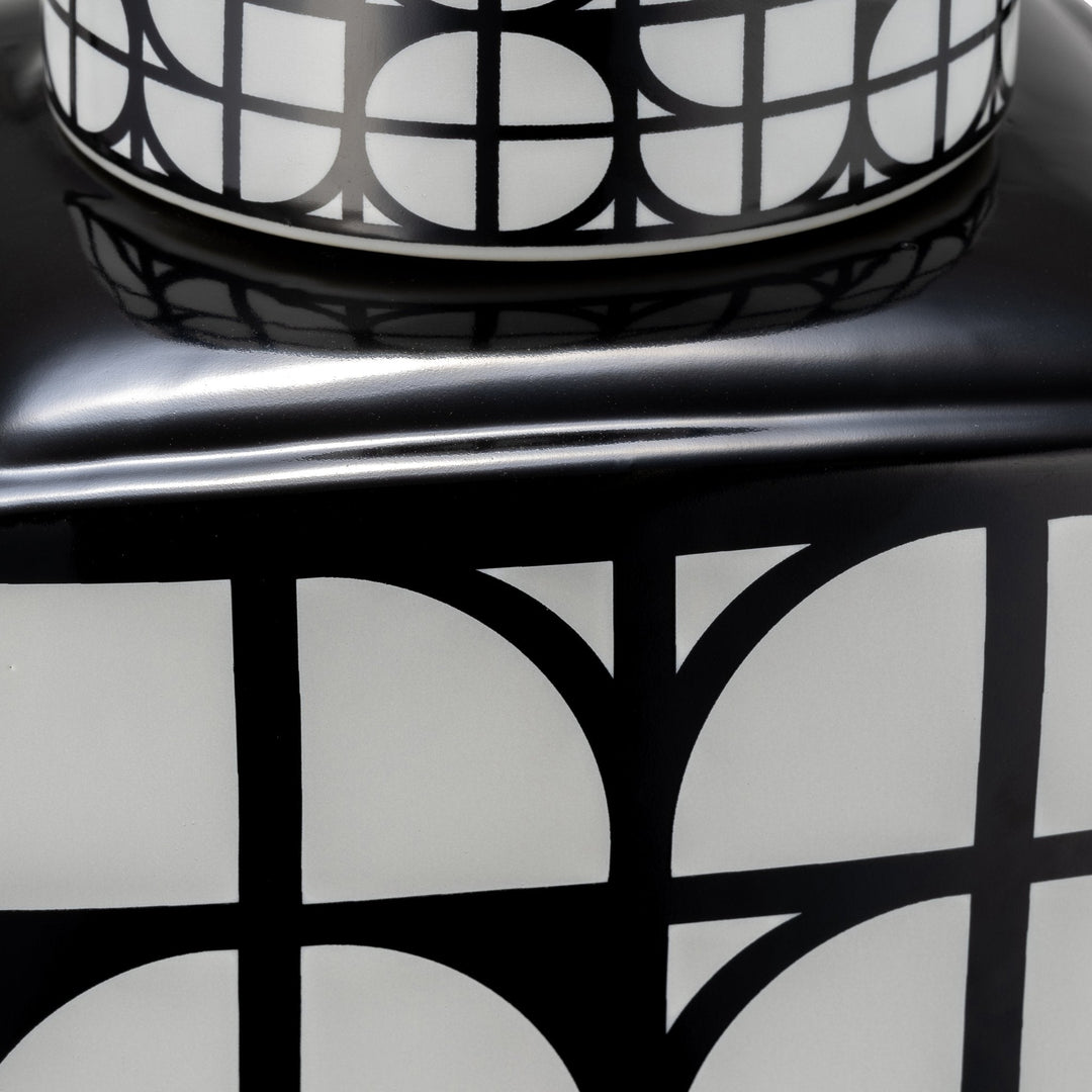 CER, 16"H SQUARE JAR W/ LID, BLACK/WHITE