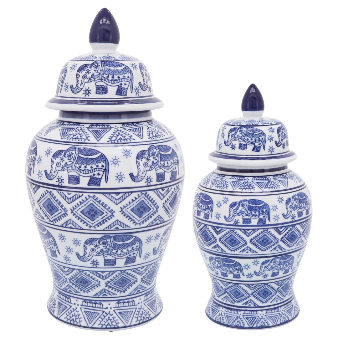 CER, 18"H ELEPHANT TEMPLE JAR, WHT/BLU