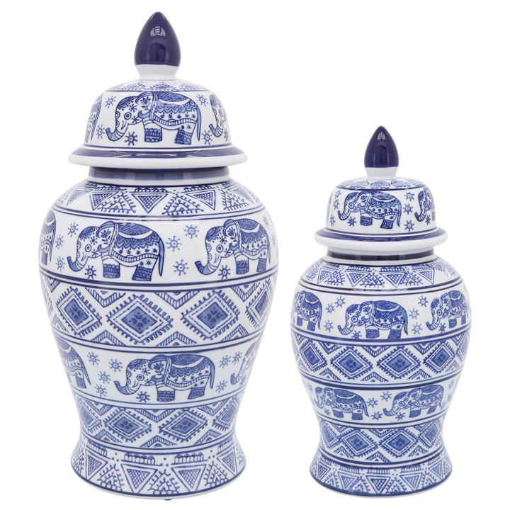 CER, 18"H ELEPHANT TEMPLE JAR, WHT/BLU