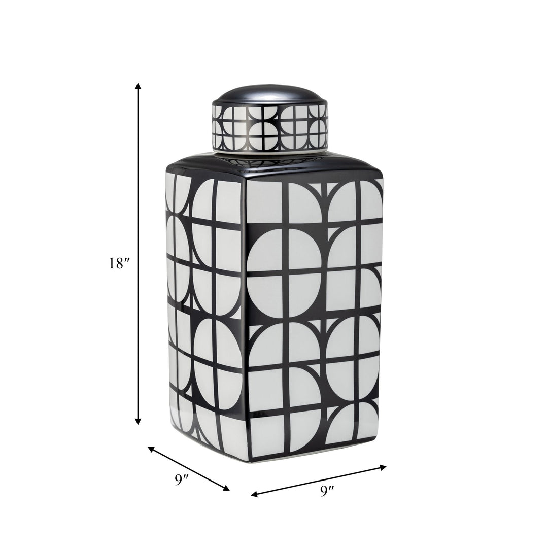 CER, 18"H SQUARE JAR W/ LID, BLACK/WHITE