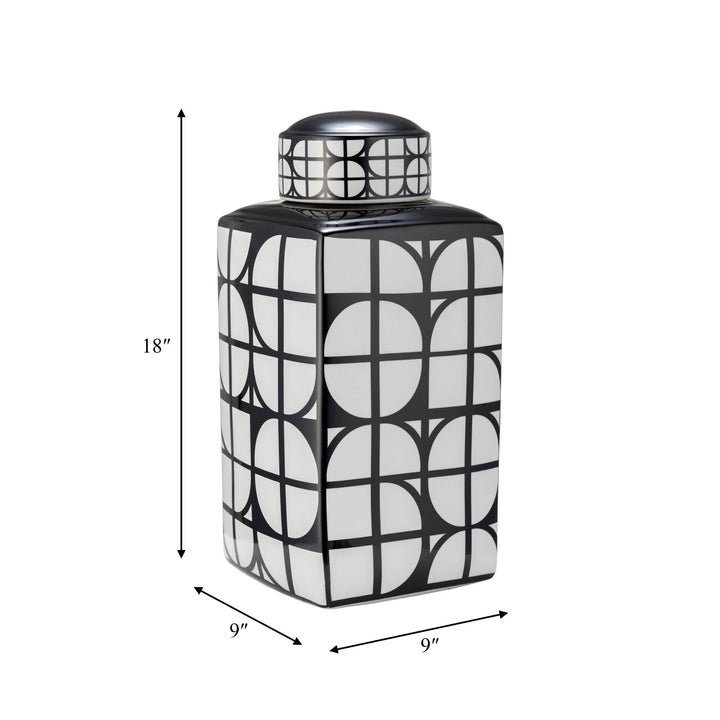 CER, 18"H SQUARE JAR W/ LID, BLACK/WHITE