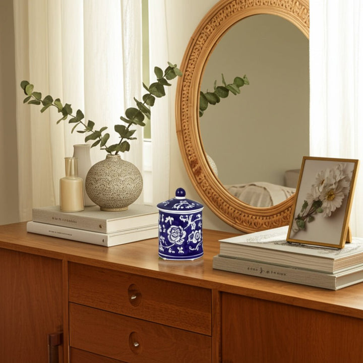Cer, 6" 8oz Chinoiserie Scntd Candle W/lid,blu/wht