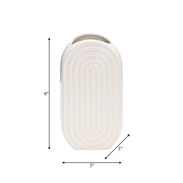 CER, 9" OVAL RIDGED VASE, WHITE