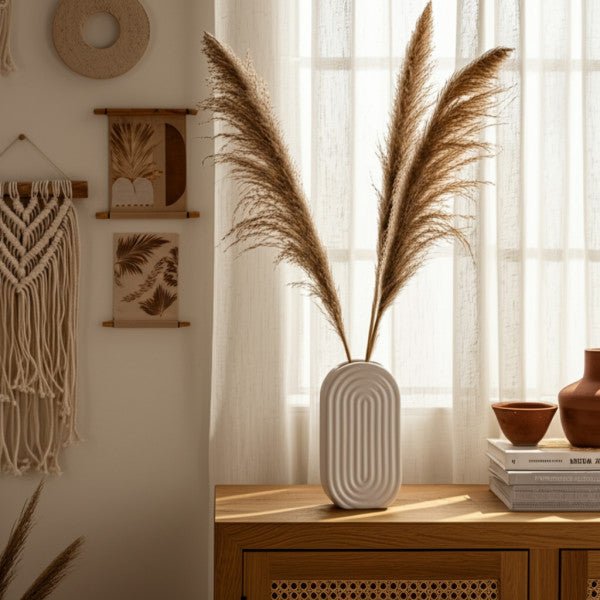 CER, 9" OVAL RIDGED VASE, WHITE