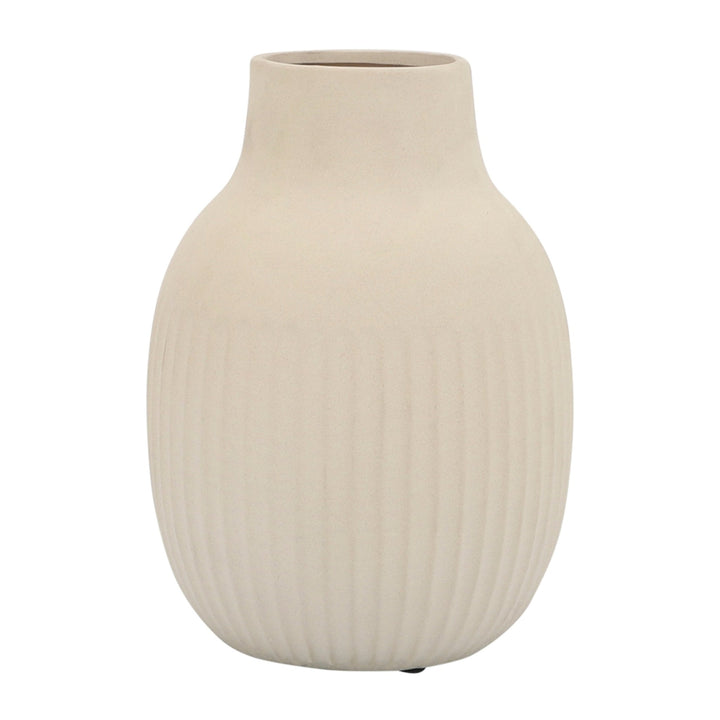 CER, 9"H RIDGED BULBOUS VASE, IVORY