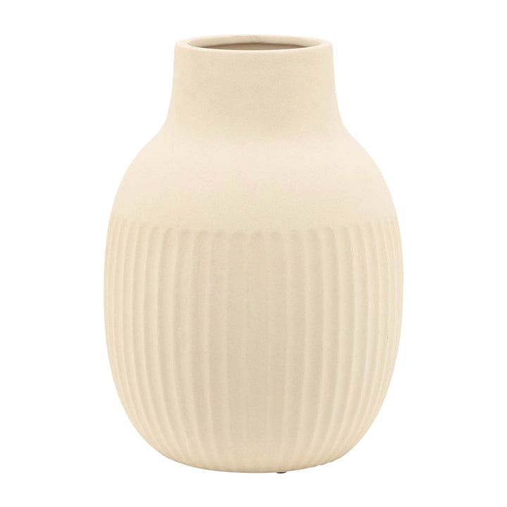 CER, 9"H RIDGED BULBOUS VASE, IVORY