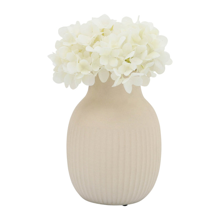 CER, 9"H RIDGED BULBOUS VASE, IVORY
