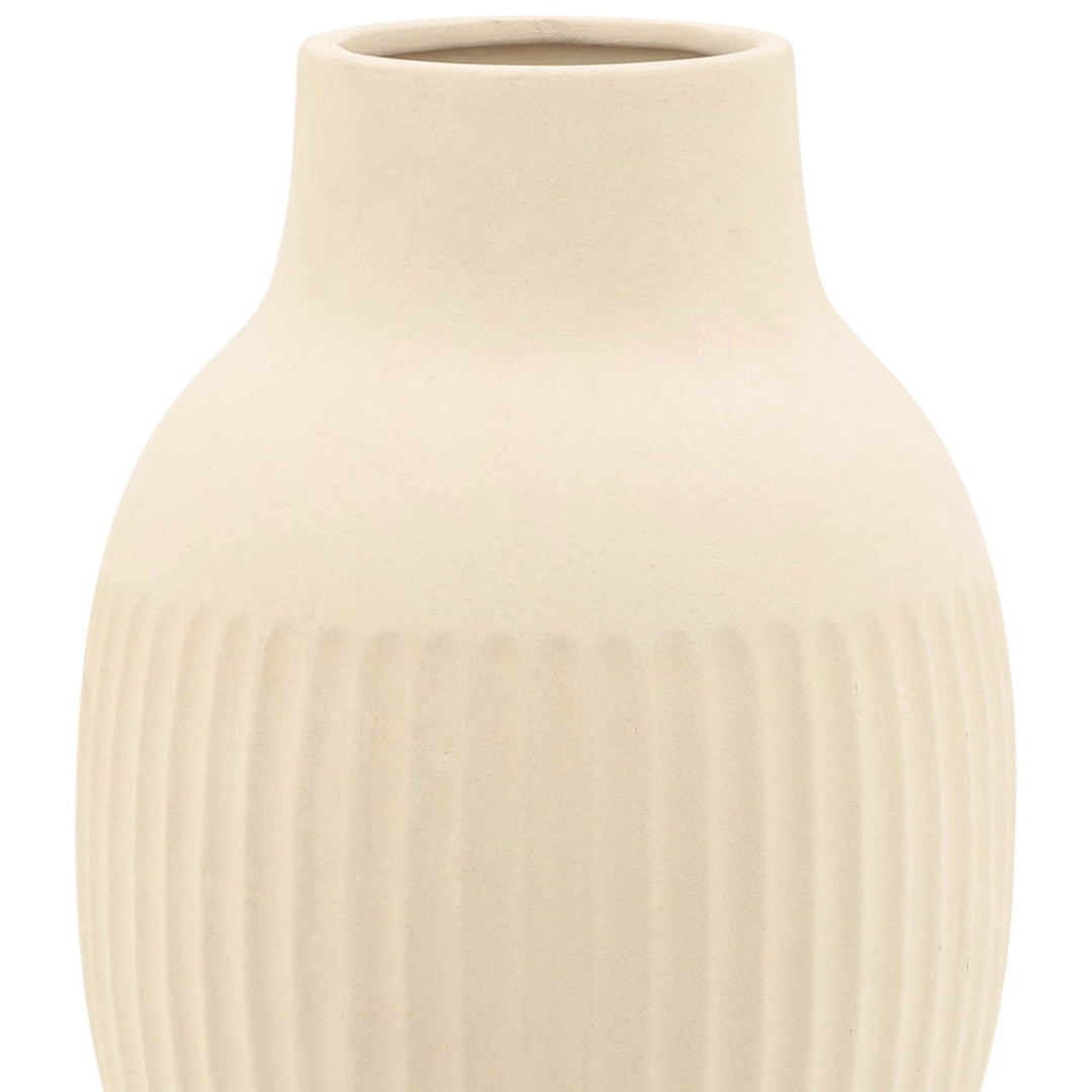 CER, 9"H RIDGED BULBOUS VASE, IVORY