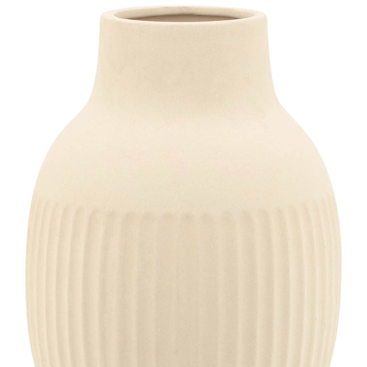 CER, 9"H RIDGED BULBOUS VASE, IVORY