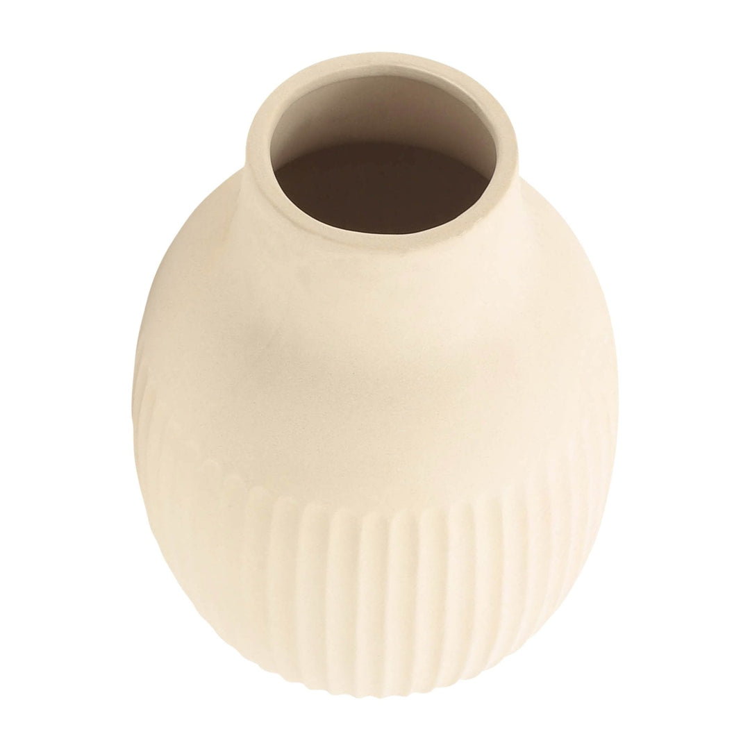 CER, 9"H RIDGED BULBOUS VASE, IVORY