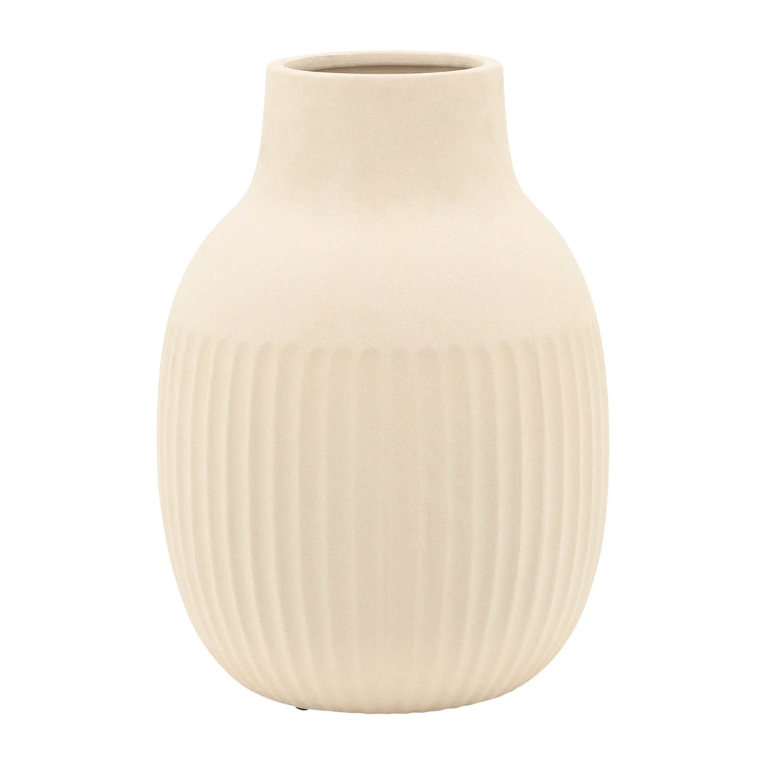 CER, 9"H RIDGED BULBOUS VASE, IVORY