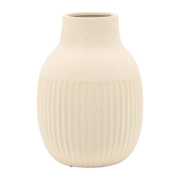 CER, 9"H RIDGED BULBOUS VASE, IVORY