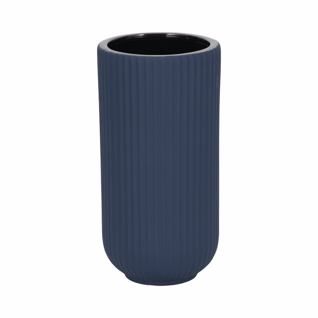 CER, 9"H RIDGED VASE, NAVY