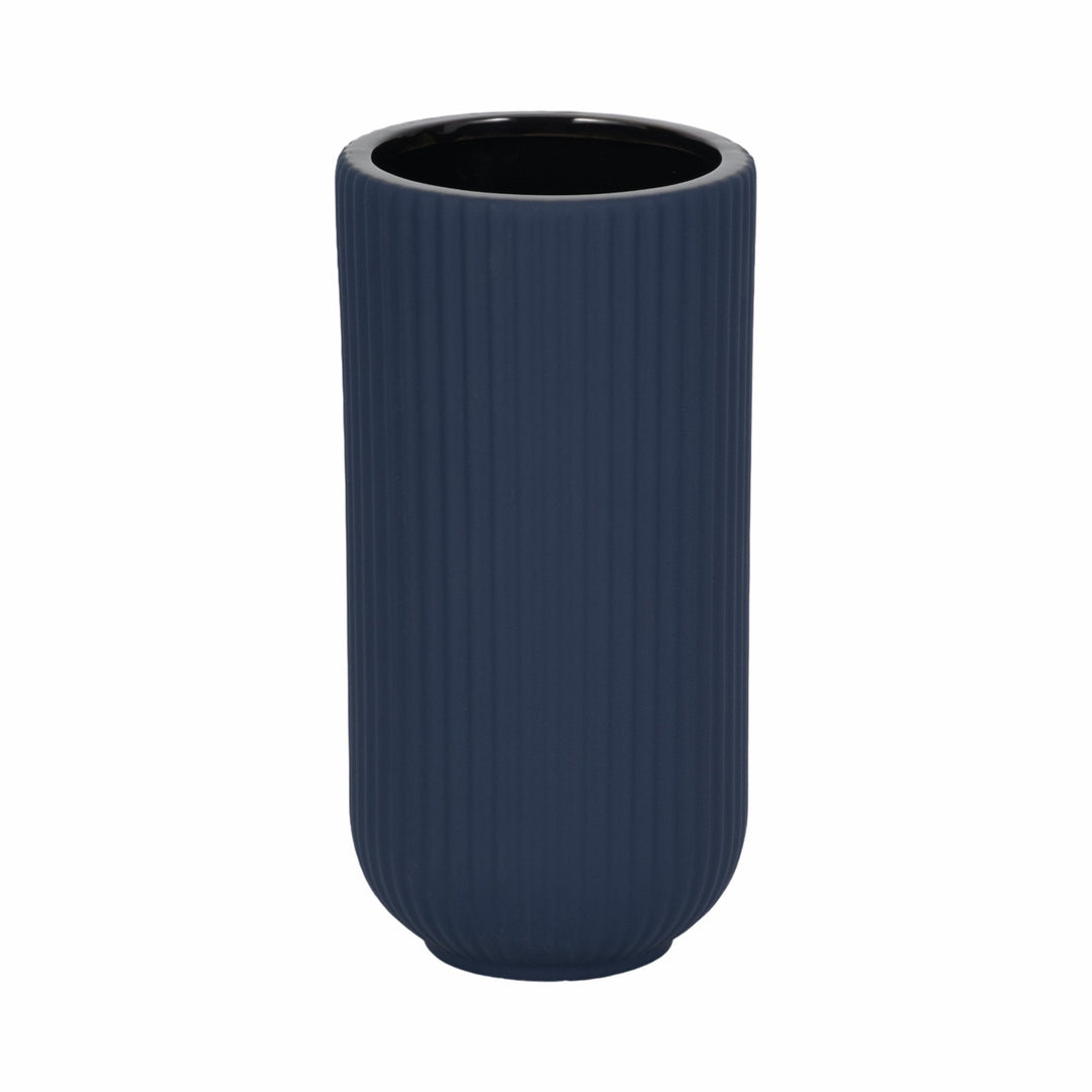 CER, 9"H RIDGED VASE, NAVY