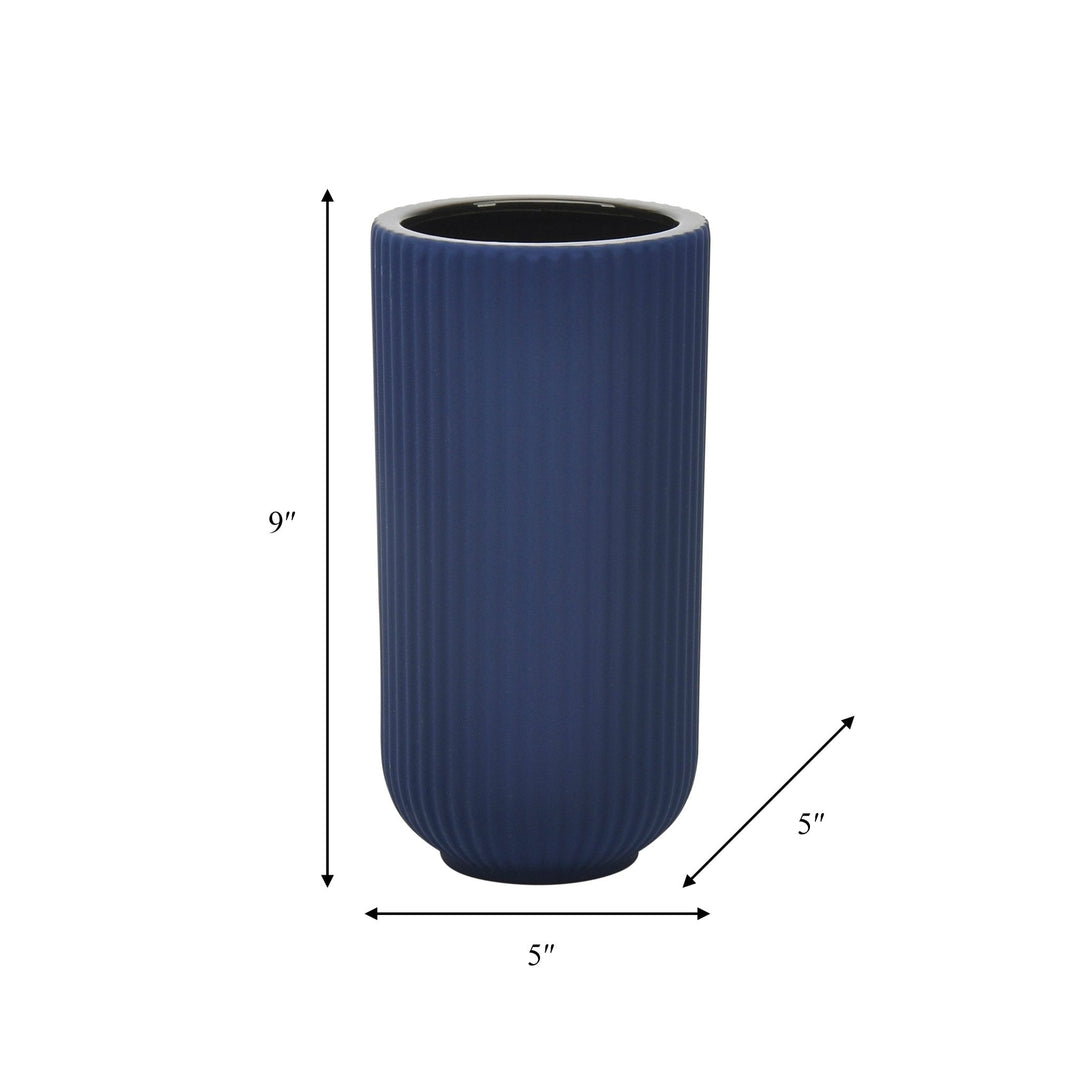 CER, 9"H RIDGED VASE, NAVY