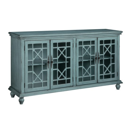 Mendenhall 4 Geometric Glass Door Textured Teal Sideboard