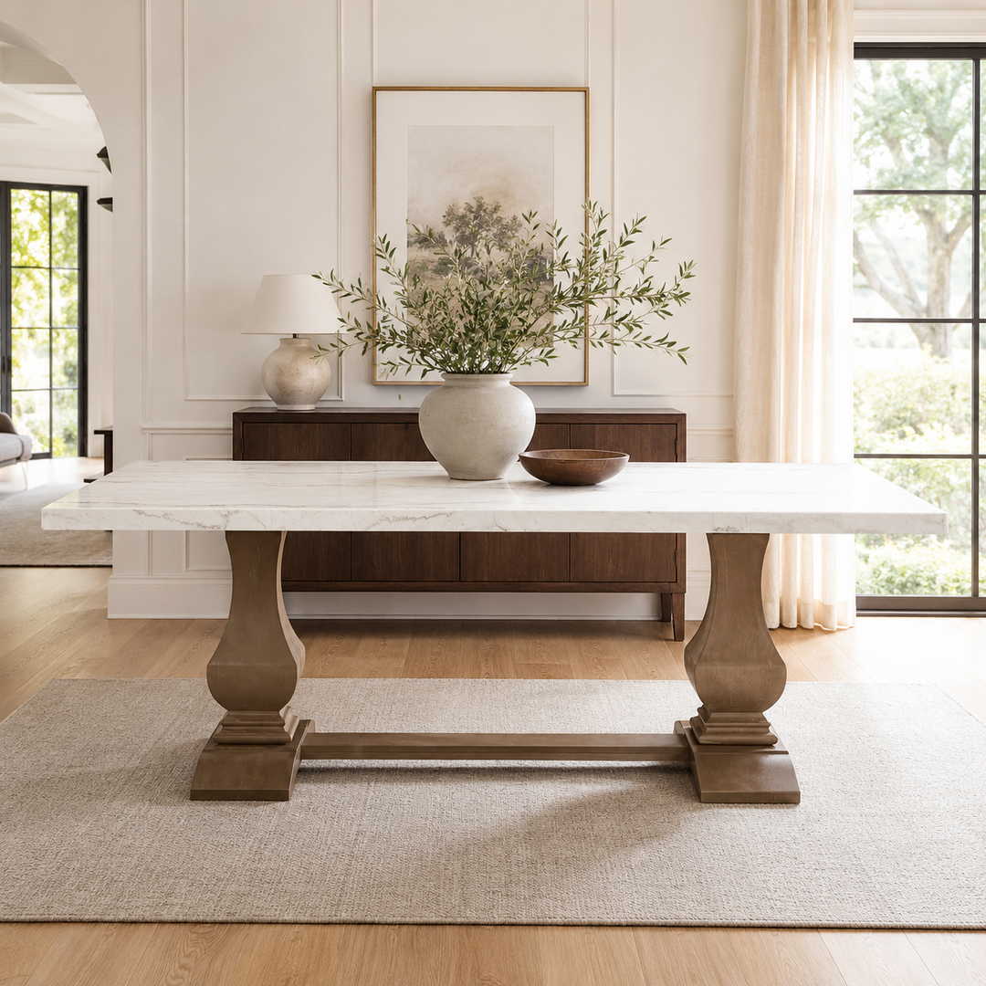 Monticello White Marble Dining Table 6-8 Seaters Oak Brown
