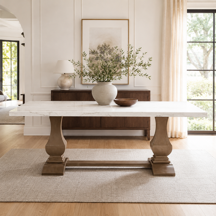 Monticello White Marble Dining Table 6-8 Seaters Oak Brown