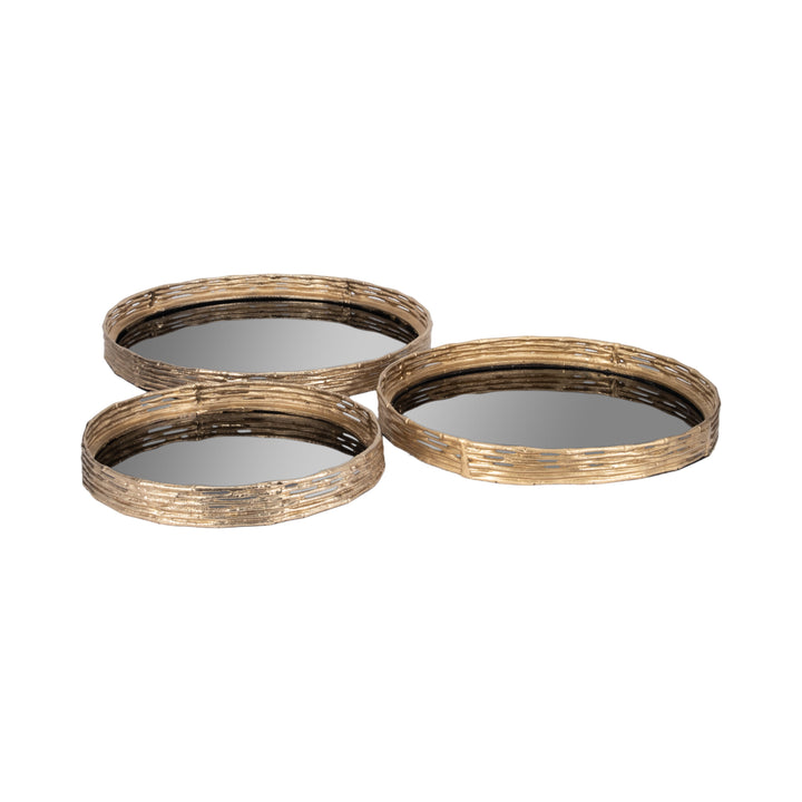 METAL, S/3 16/19/21" ROUND TRAYS, GOLD/BLACK