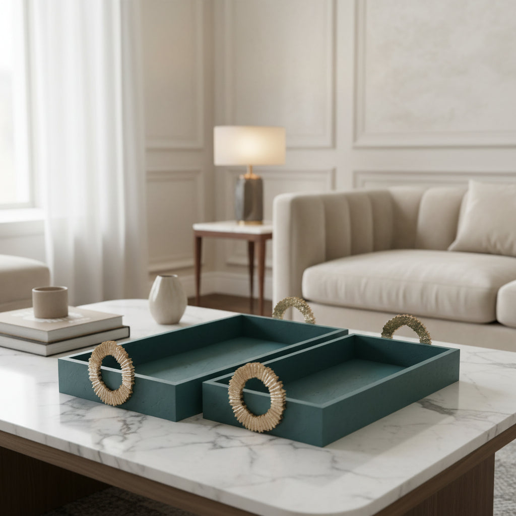 FAUX LEATHER, S/2 16/18" 5TH AVE TRAYS, GREEN/GOLD