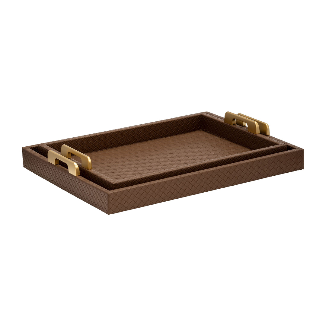 S/2 16/18"L FAUX LEATHER WEAVE TRAYS, COGNAC