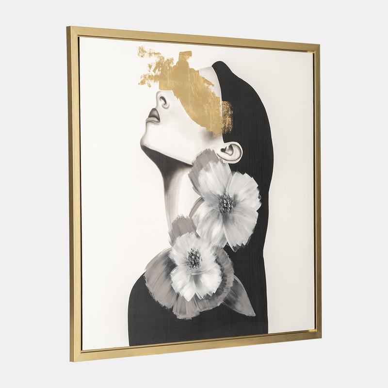 71X71, HAND PAINTED GOLD STREAK AND FLOWER WOMAN