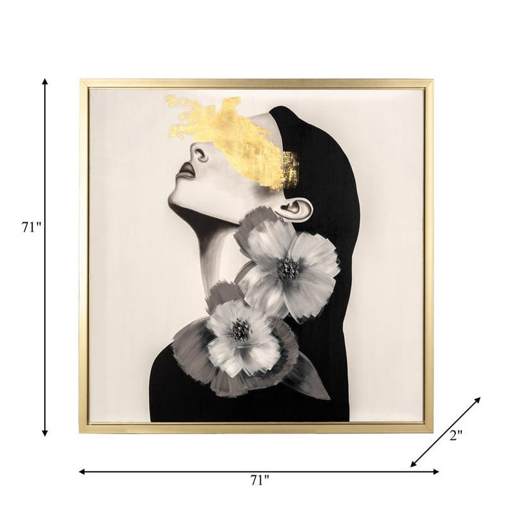 71X71, HAND PAINTED GOLD STREAK AND FLOWER WOMAN