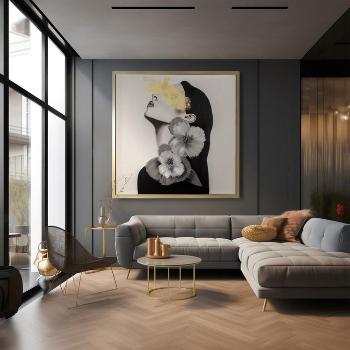 71X71, HAND PAINTED GOLD STREAK AND FLOWER WOMAN