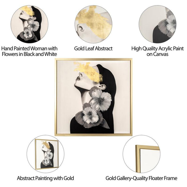 71X71, HAND PAINTED GOLD STREAK AND FLOWER WOMAN