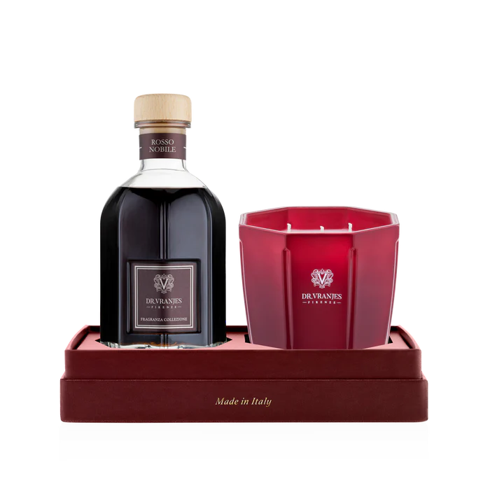 GIFT BOX 250ML+200GR CANDELA ROSSO NOBILE WITH BLACK STICKS