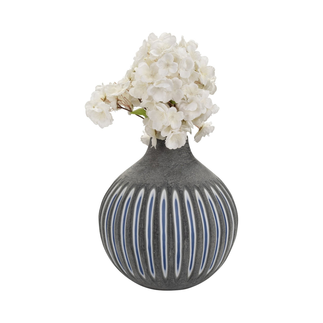 GLASS, 12" RIDGED VASE, BLUE/GRAY