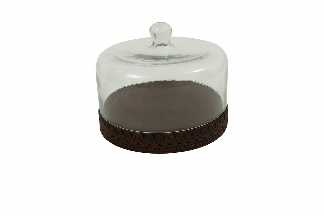 GLASS CLOCHE W/WDN BASE