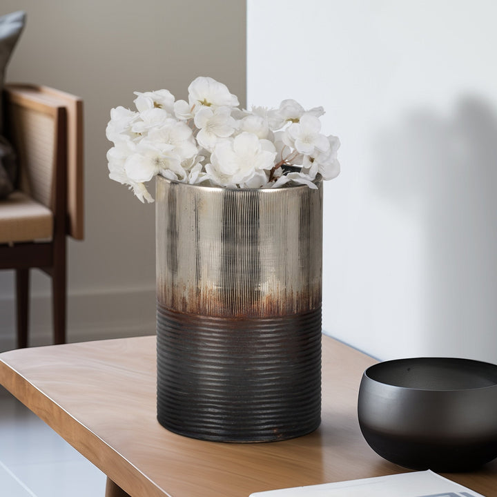 GLASS, 13" METALLIC 2-TONE VASE, SILVER