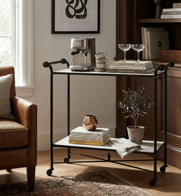 Henzler 106 W x 95 H x 45 D Black  Bar Cart Table with Marble Top