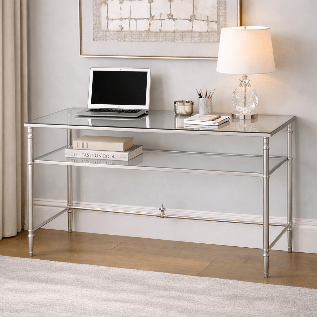 Henzler 132 W x 76 H x 71 D Silver Rectangle Desk with Mirror Top
