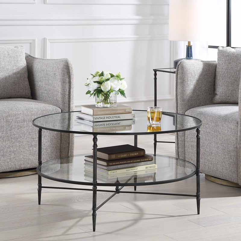Henzler 91 W x 48 H x 91 D Black Round Coffee Table with Mirror Top